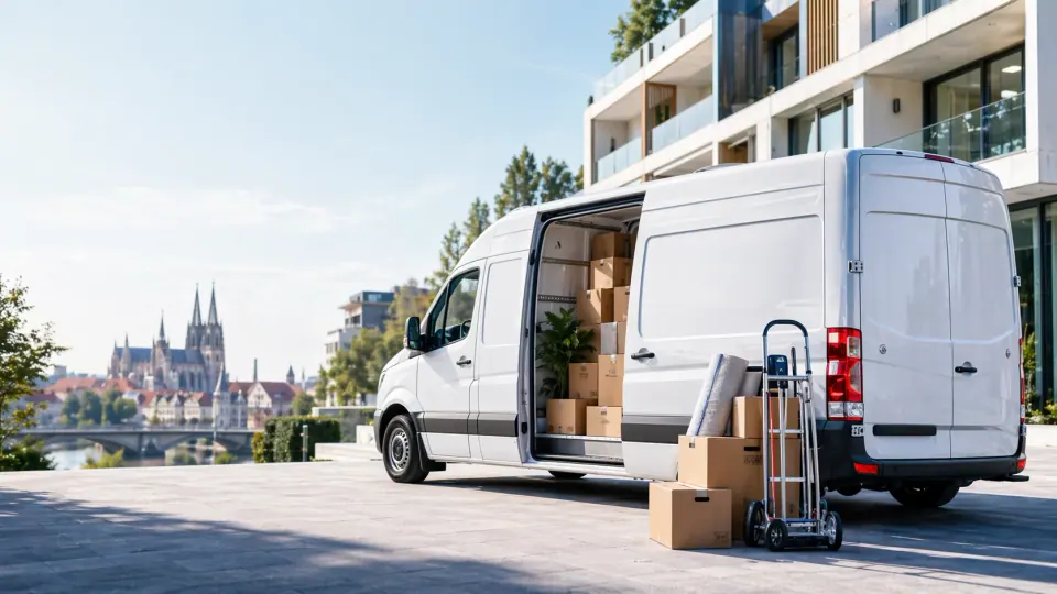 Transporter mit geöffnetem Laderaum, Kartons und Sackkarre – Symbolbild